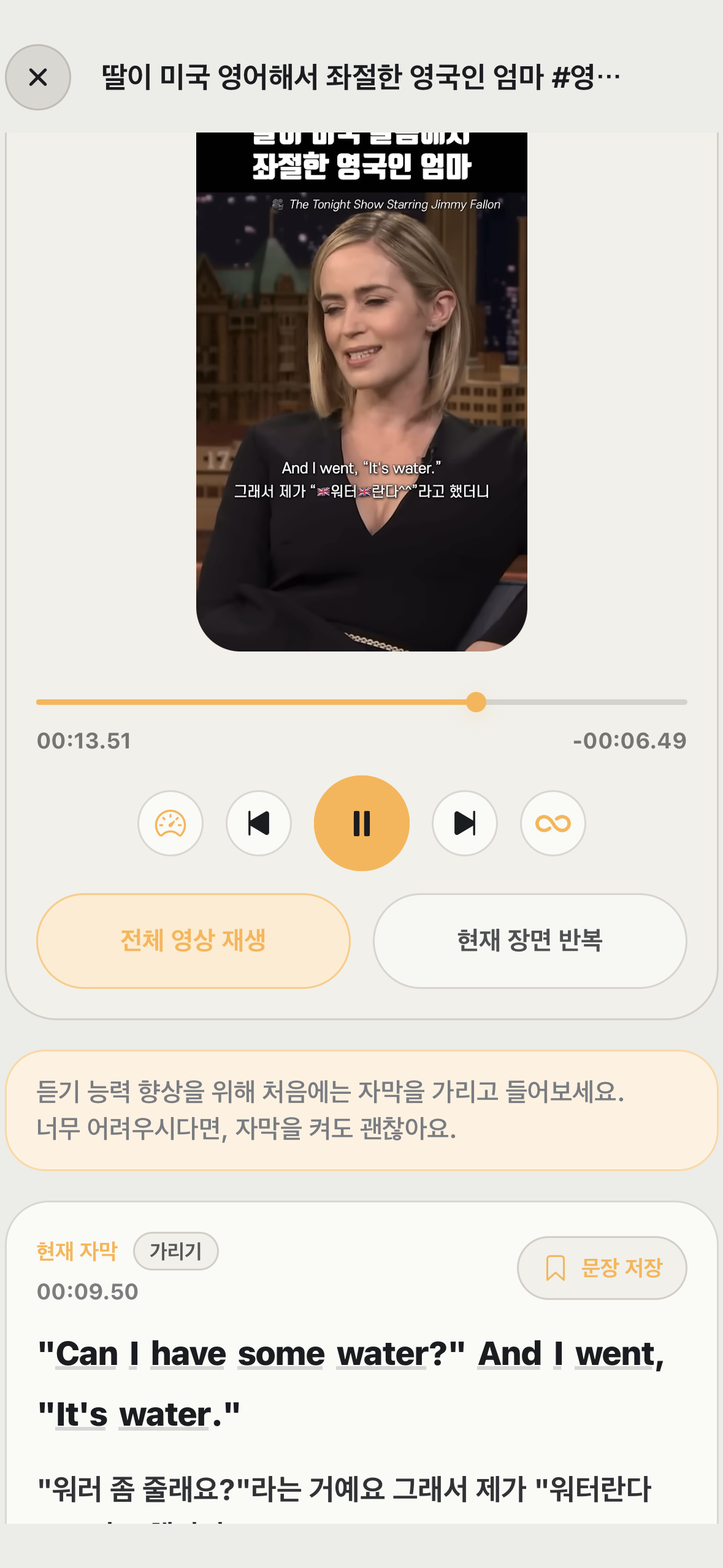 쉐디 문장별 자막과 번역 화면